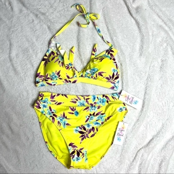 Sugar Beach Neon Tropical 2 Piece Bikini Set Size Medium / large New With Tags - Picture 5 of 16